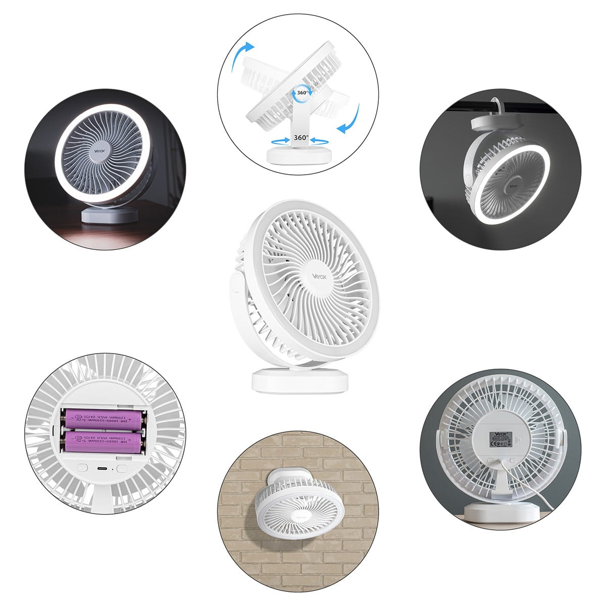 Biały wentylator z pierścieniem świetlnym, różne kąty i opcje montażu.