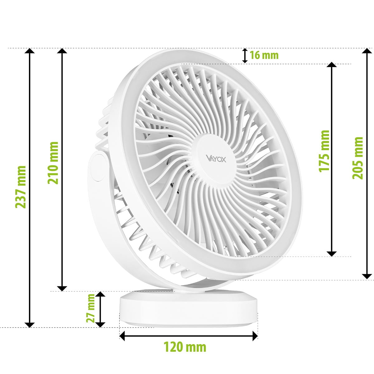 Zbliżenie białego wentylatora z wymiarami w mm.