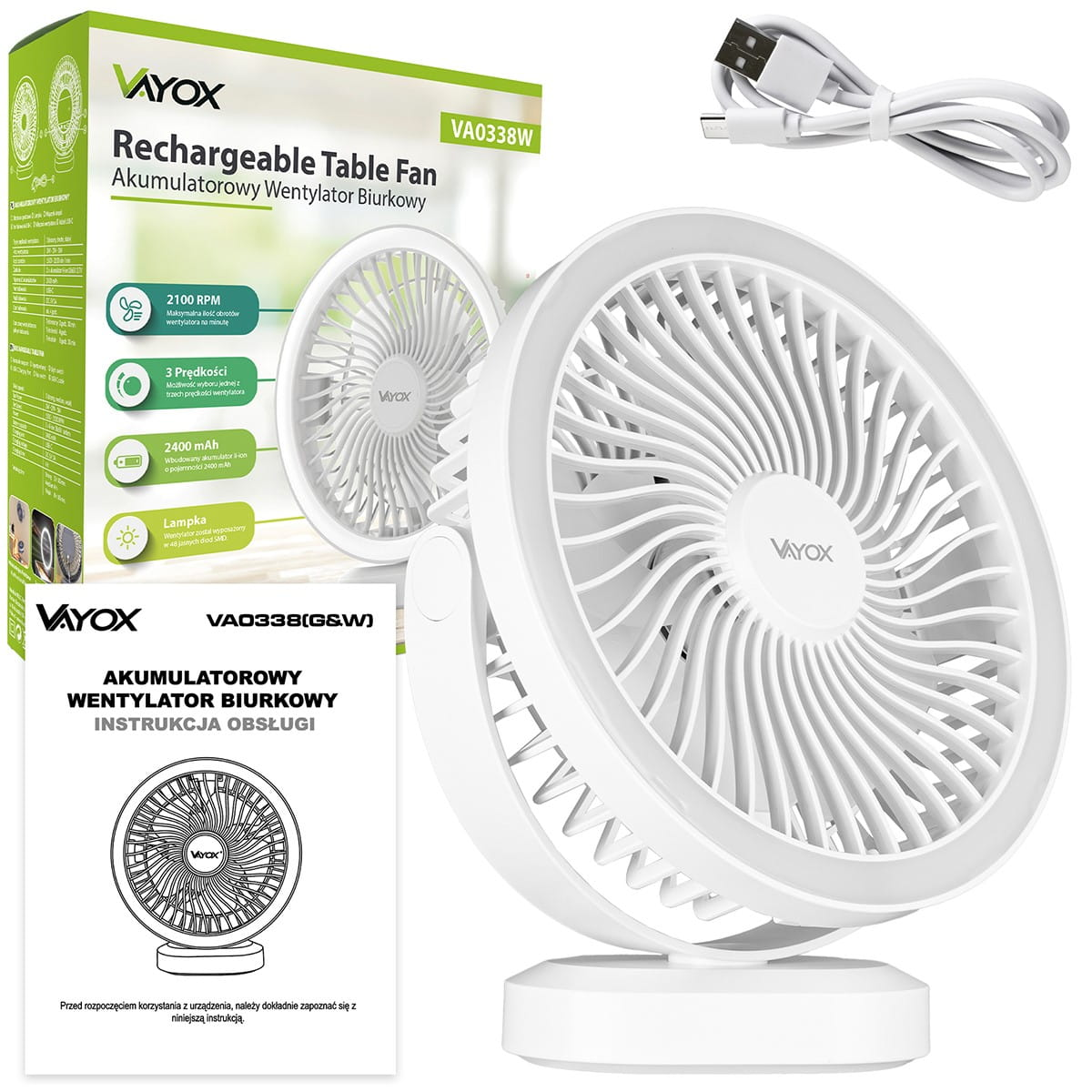 Biały wentylator z pierścieniem LED i pudełko zawierające szczegóły i instrukcje wentylatora.