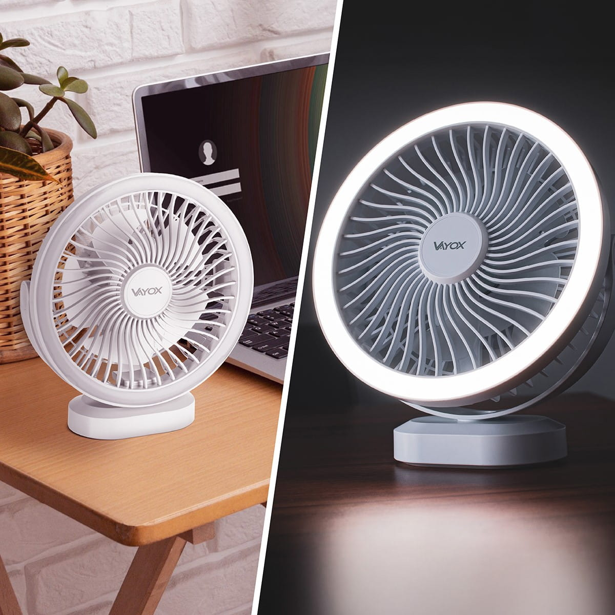 Dwa obrazy wentylatora, jeden podświetlony, drugi bez światła, na biurku.