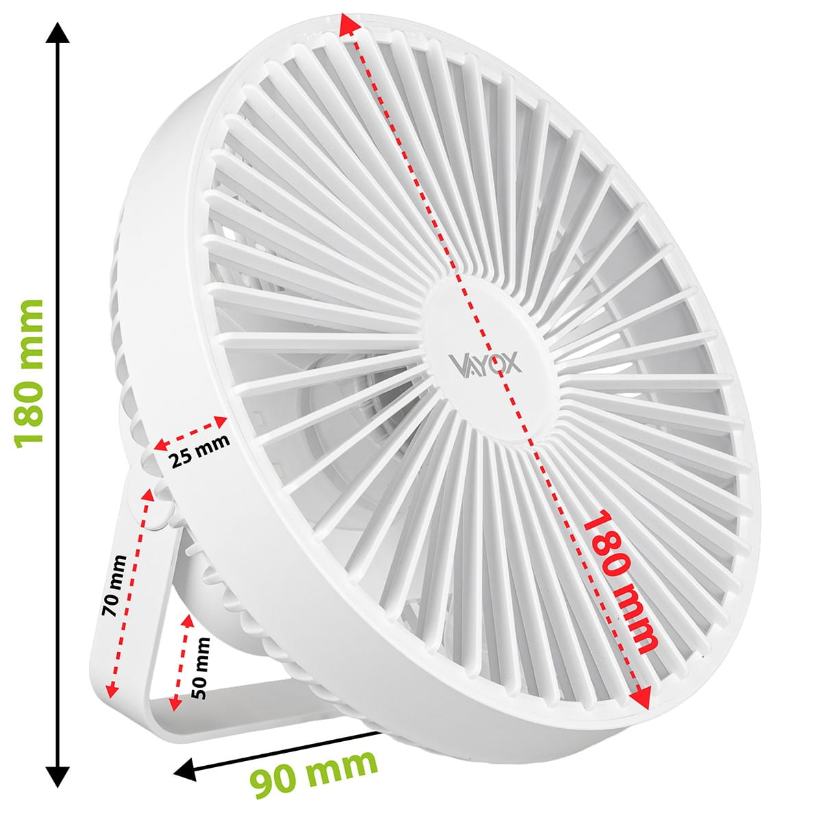 Biały wentylator z oznaczonymi wymiarami. Tło jest białe.