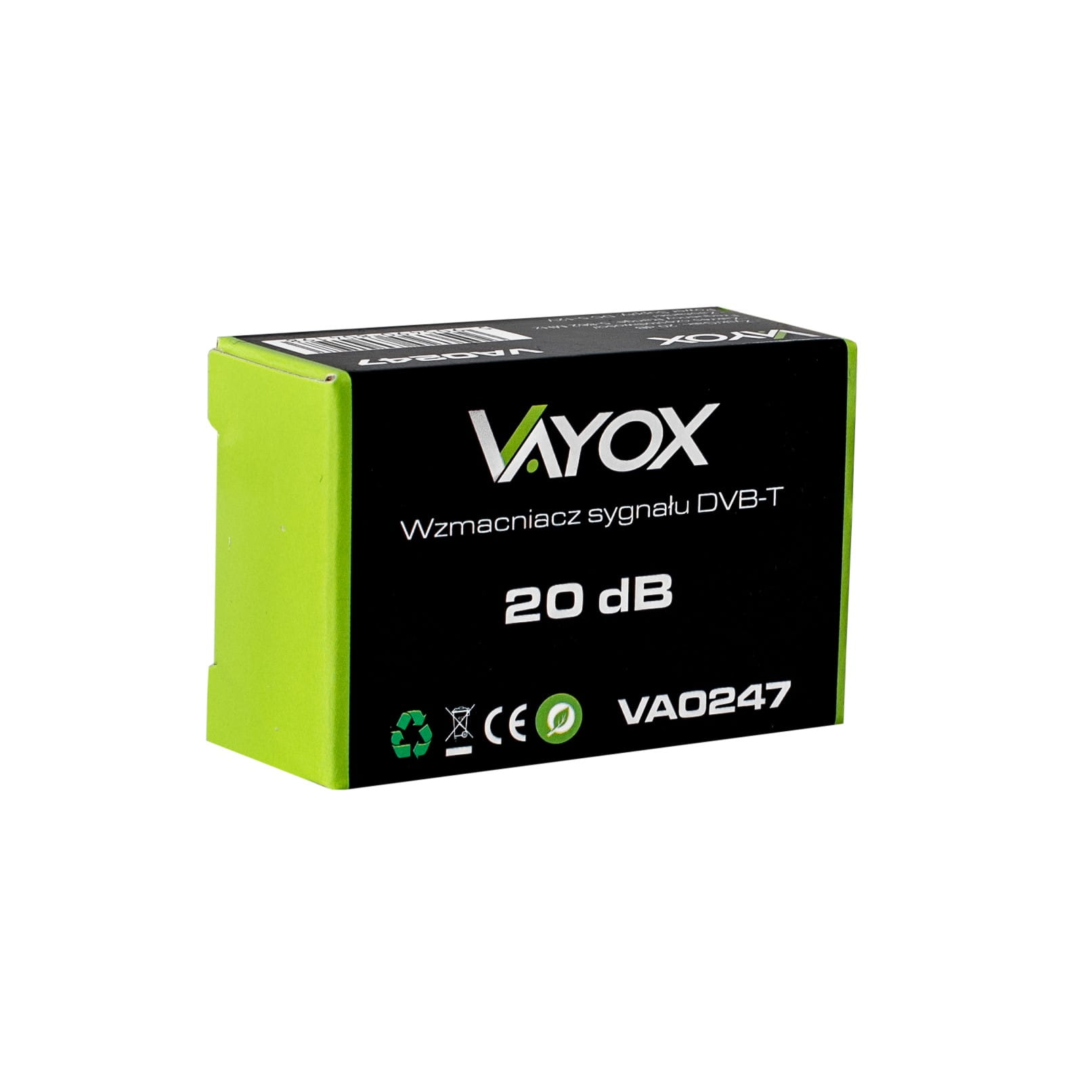Zielono-czarne pudełko z tekstem. Pudełko jest oznaczone Vayox i VA0247.