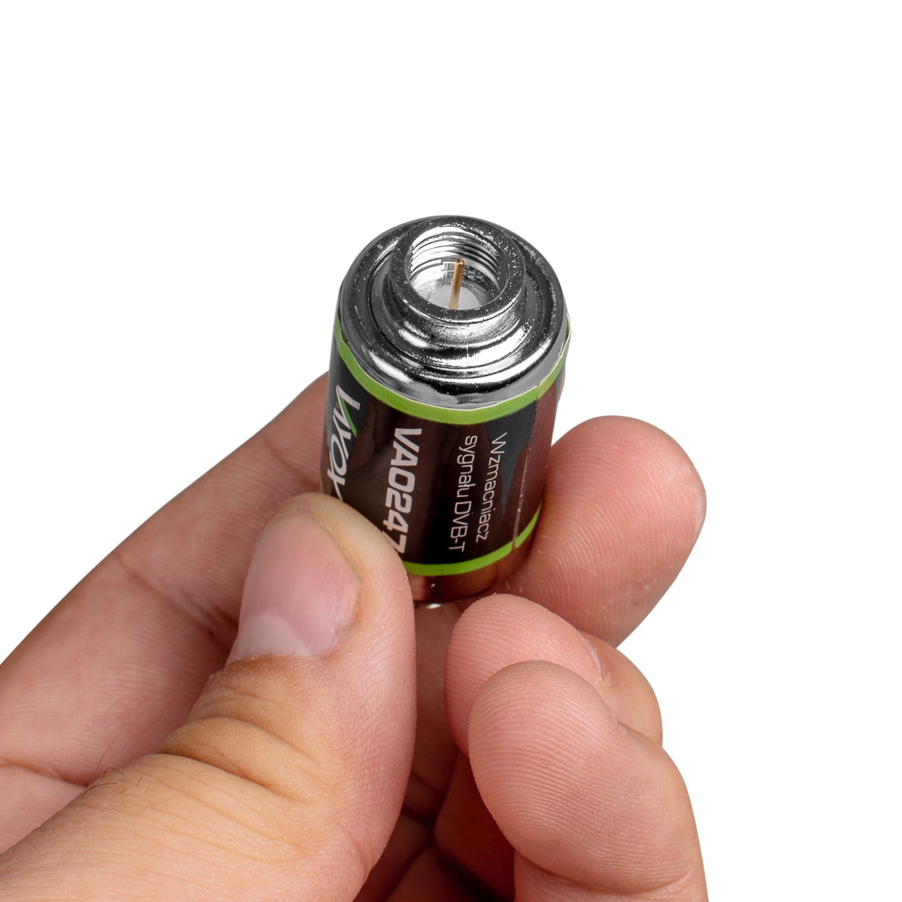 Małe, cylindryczne urządzenie z tekstem. Urządzenie jest czarne, zielone i srebrne.