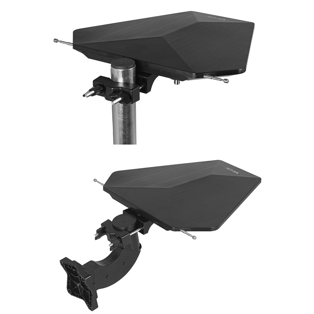 Dwie czarne anteny Vayox, zamontowane na słupie i na wsporniku, na białym tle.