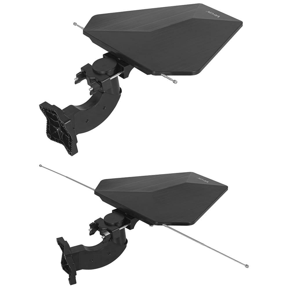 Dwie czarne anteny telewizyjne, zamontowane na wspornikach. Jedna jest skierowana w górę, druga w dół.