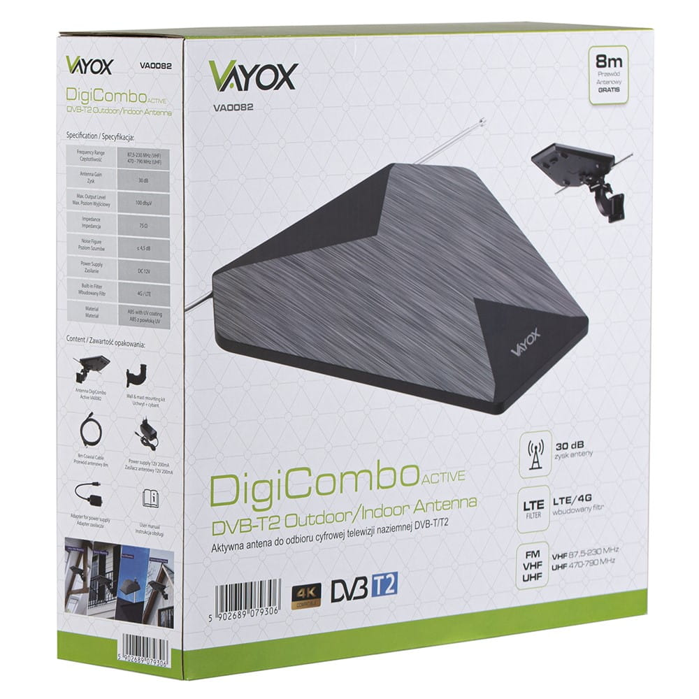 Biało-szare pudełko z anteną DVB-T2, szczegółami produktu i zdjęciem anteny.