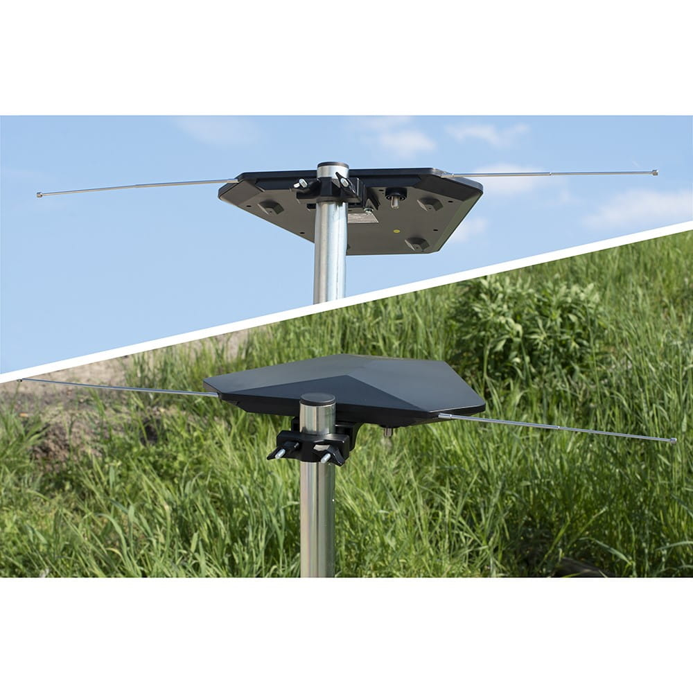 Dwa widoki anteny telewizyjnej na słupie. Tło przedstawia trawę i niebo.