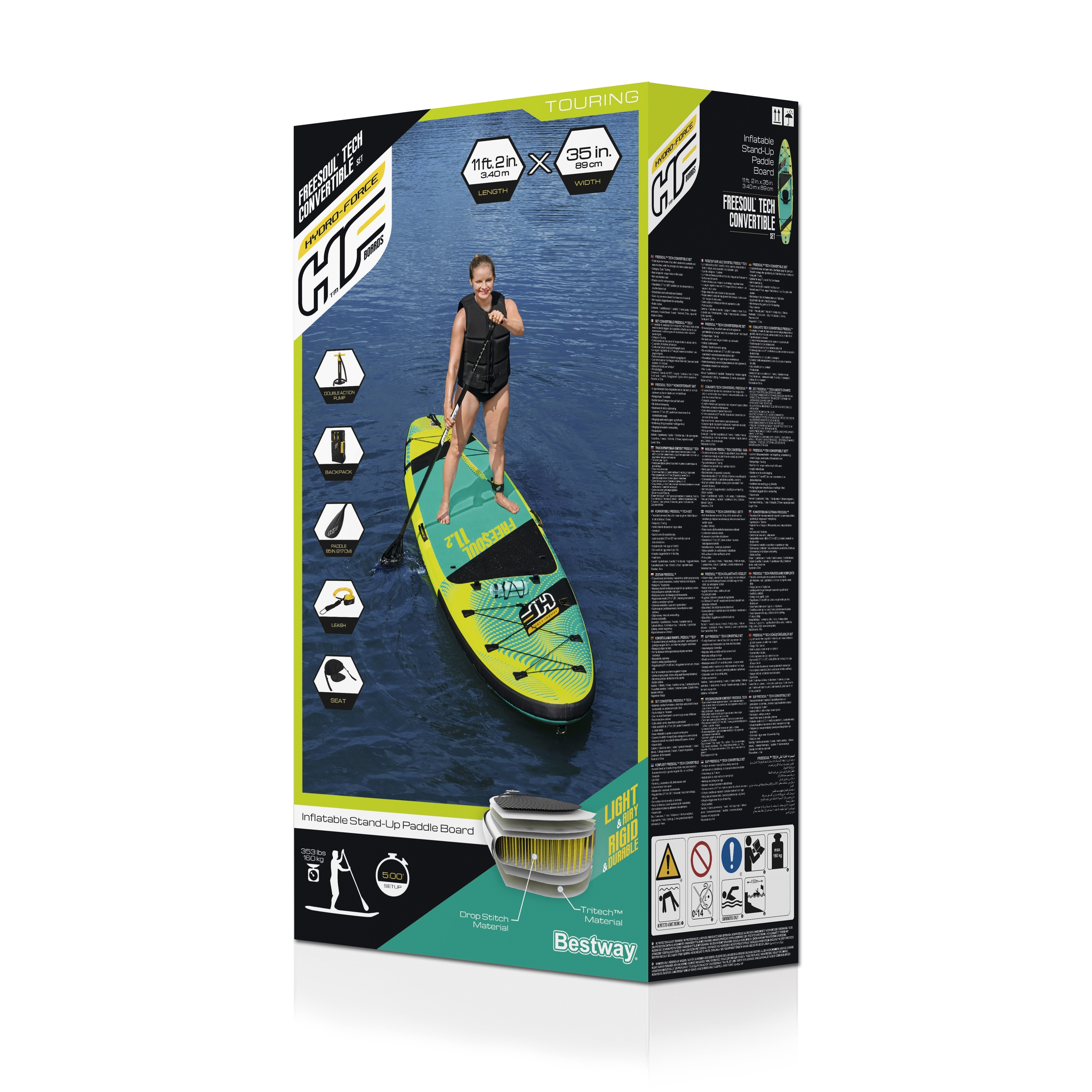 Persoon op een opblaasbaar stand-up paddle board. Verpakking toont het board en zijn kenmerken.