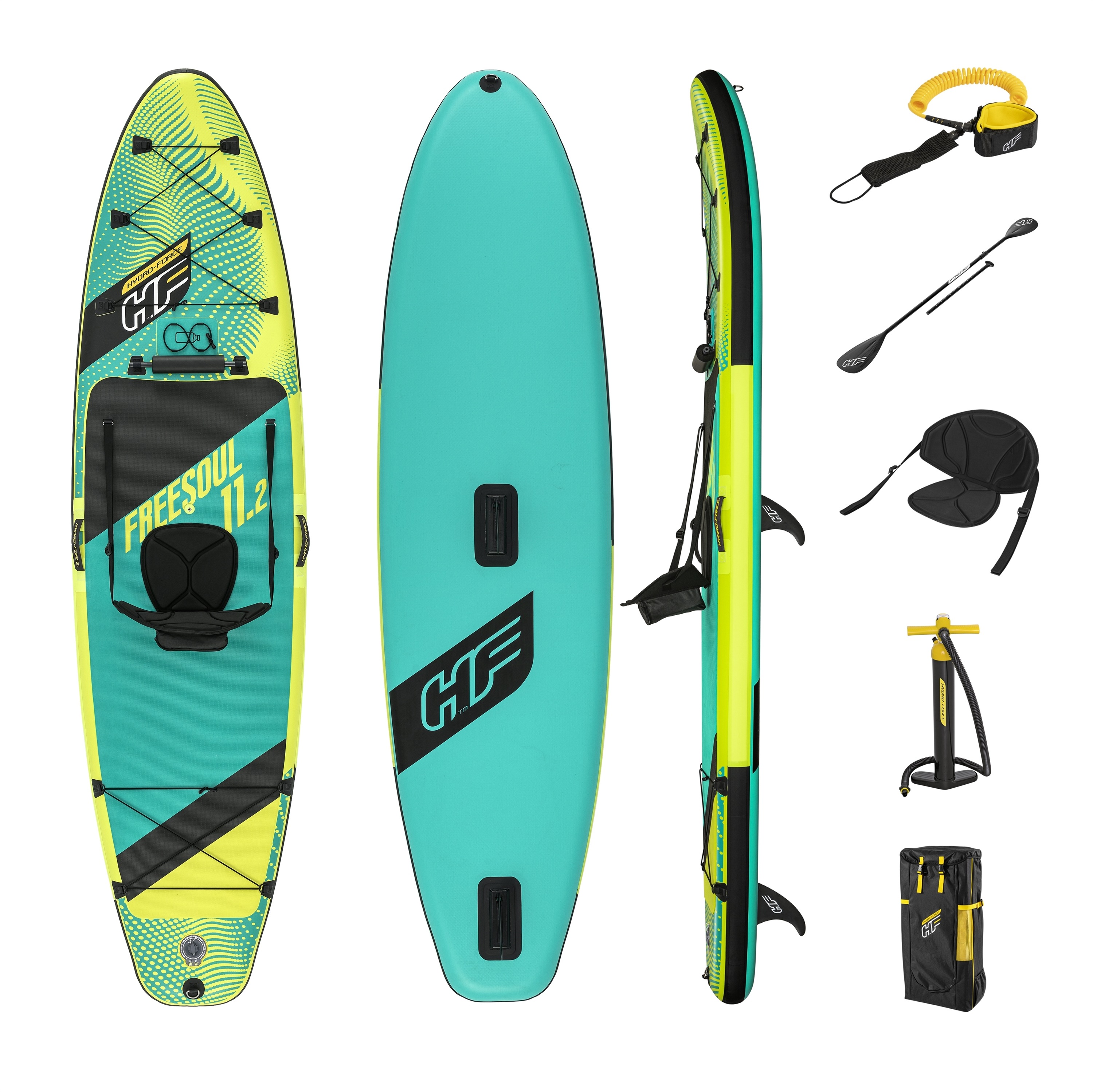 Stand-up paddleboard met geel/blauwe design. Inclusief peddel, leash, stoel, pomp en tas. Meerdere weergaven.