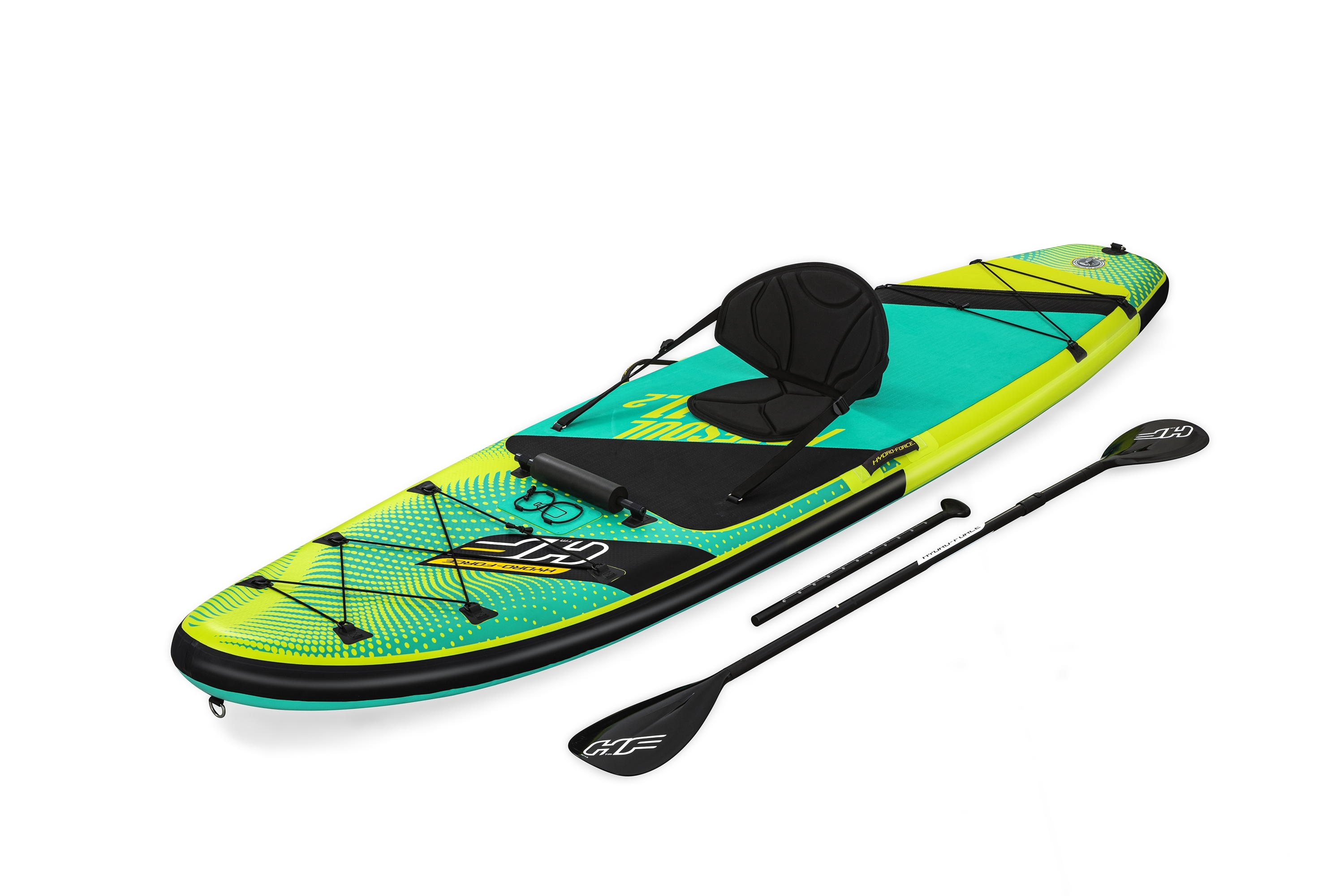 Een stand-up paddleboard met een stoel en peddels. Het is blauwgroen en geel op een witte achtergrond.