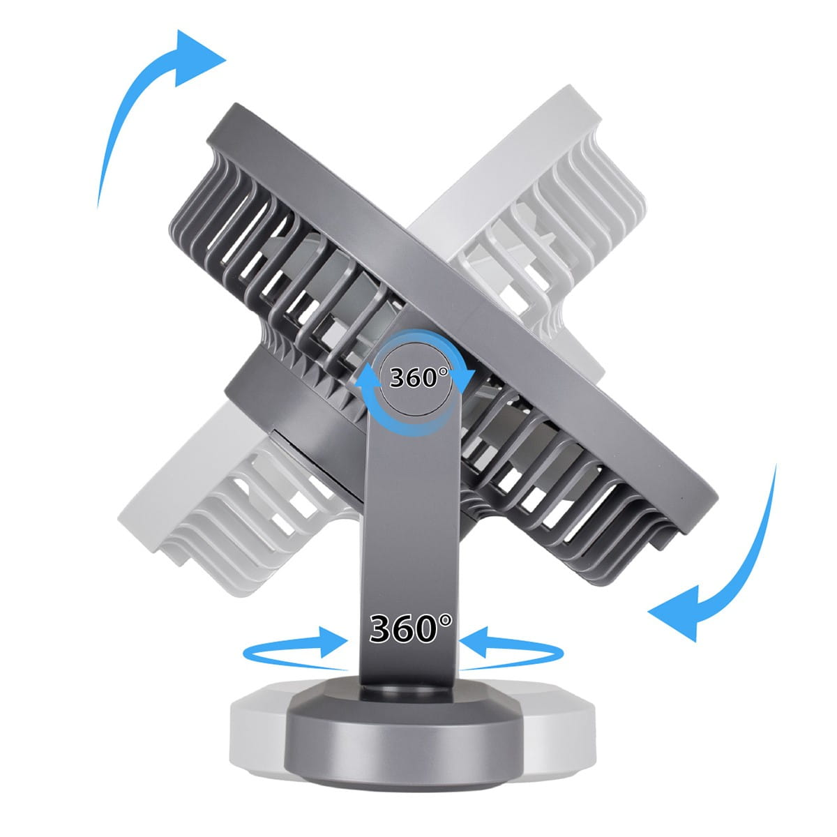 Szary wentylator z obrotem 360 stopni, pokazany z obracającymi się łopatkami.