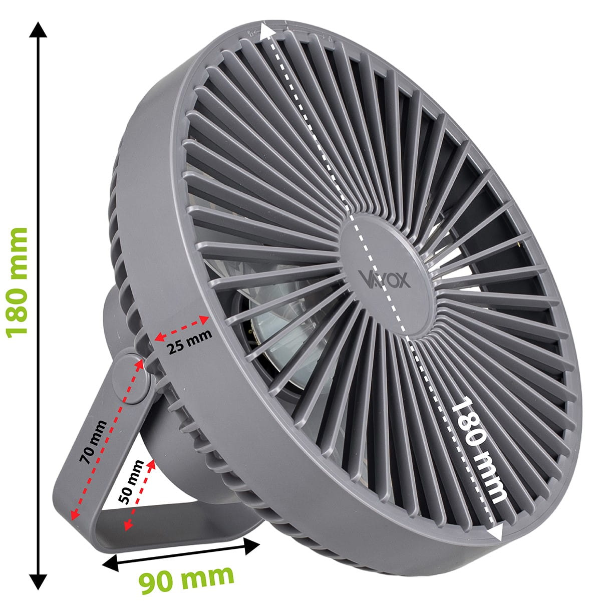 Szary wentylator Vayox z wymiarami. Szare łopatki i podstawa.