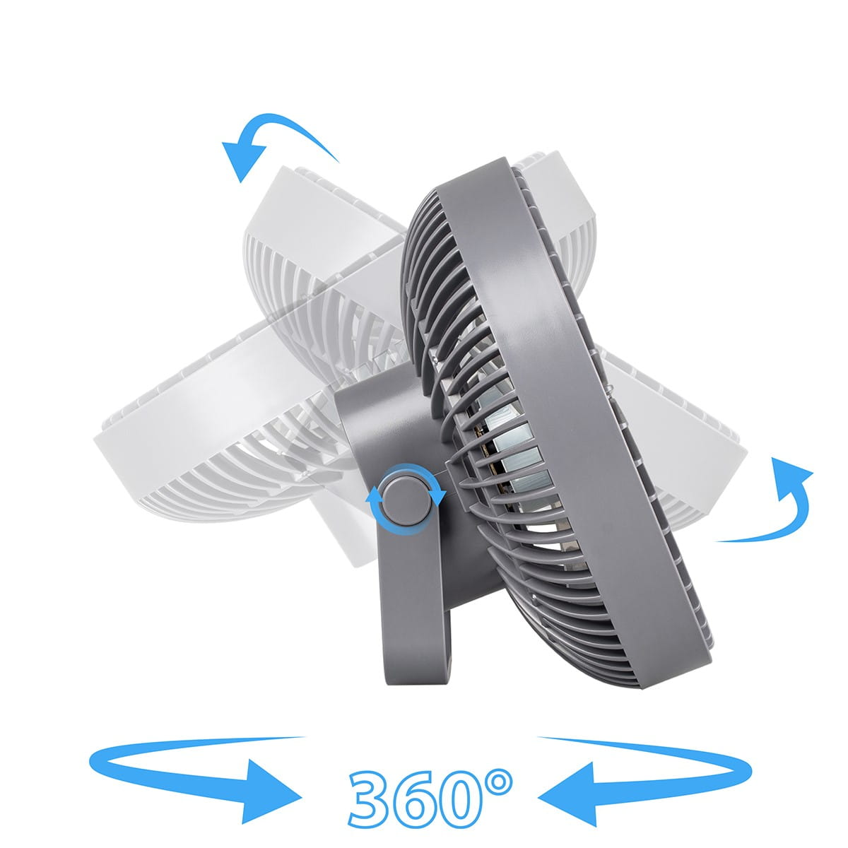 Szary wentylator biurkowy, pokazujący zakres ruchu ze strzałkami, na białym tle.