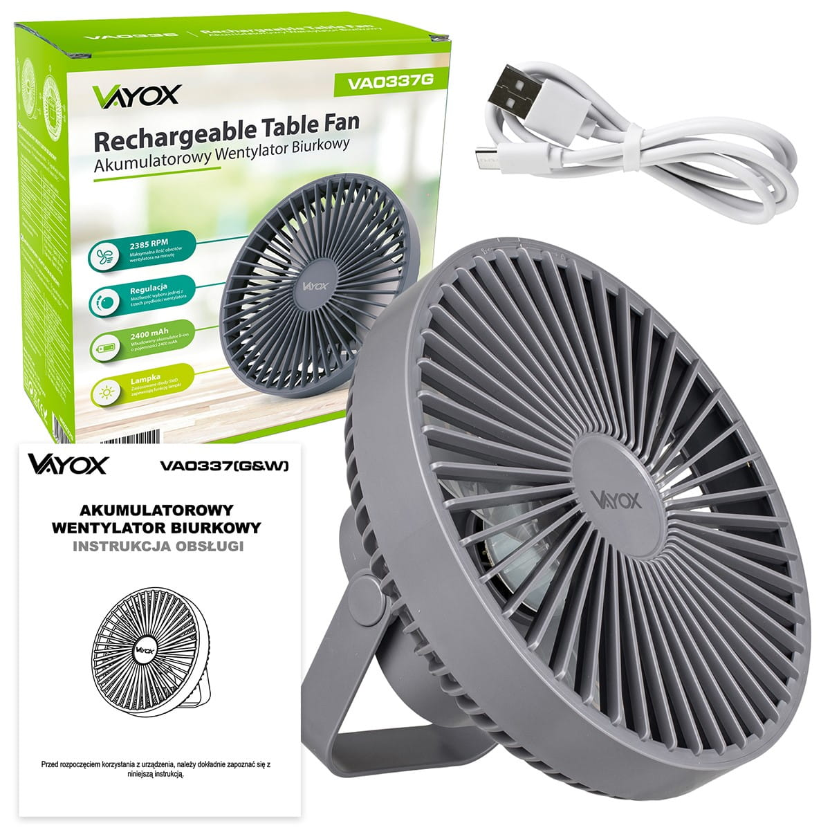Akumulatorowy wentylator stołowy z pudełkiem, instrukcją i kablem USB.