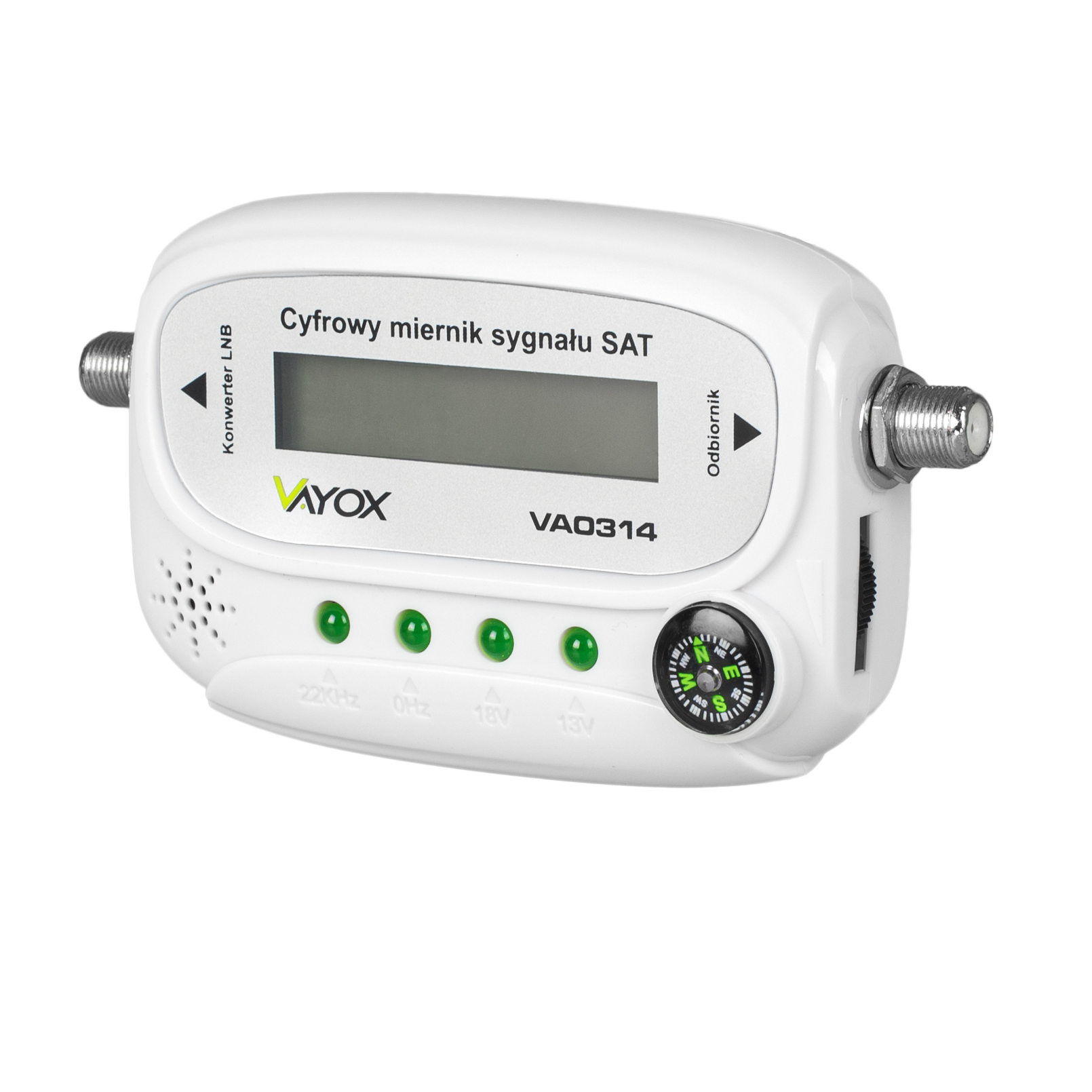 Biały cyfrowy miernik sygnału satelitarnego z zielonymi światłami i kompasem.