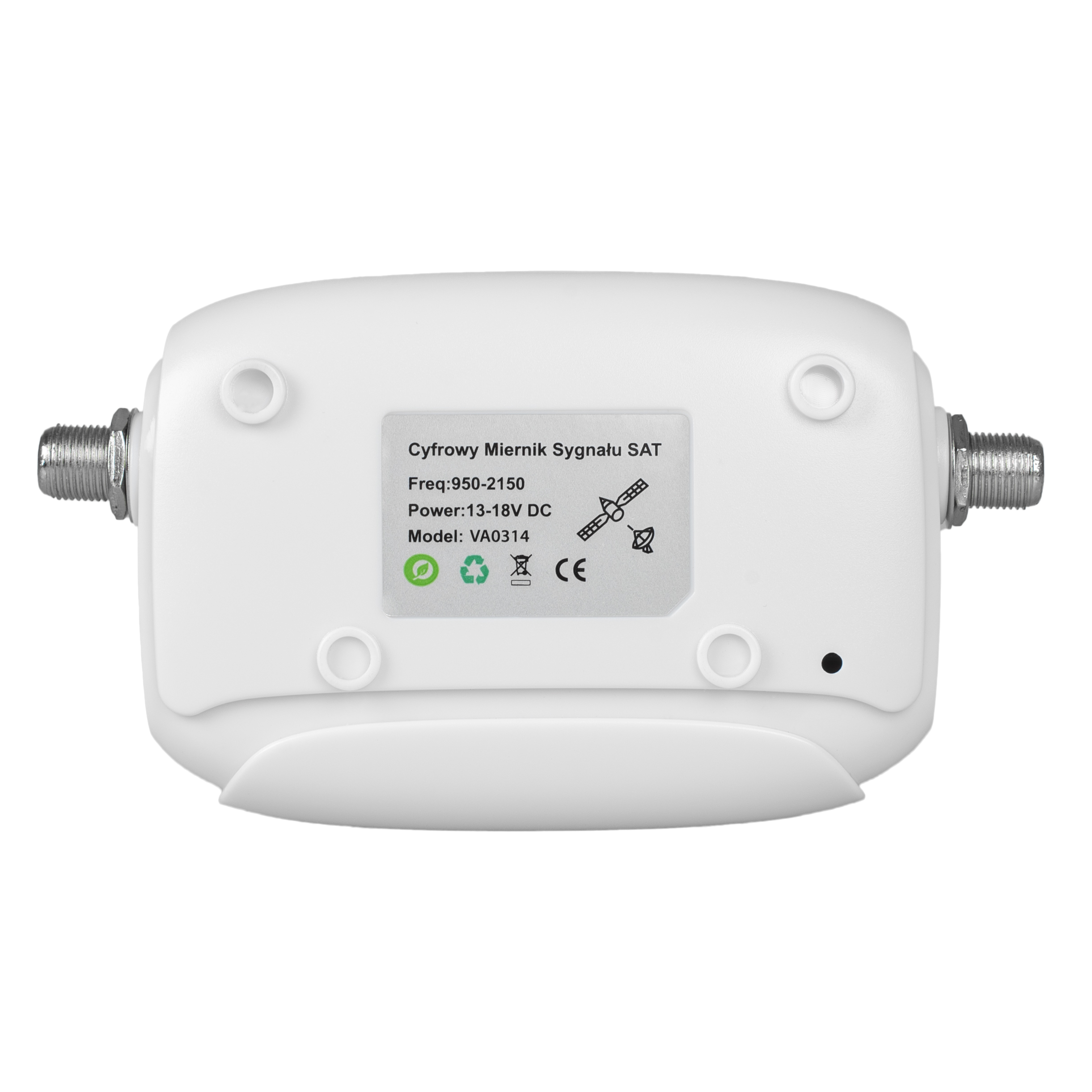 Biały cyfrowy miernik sygnału satelitarnego. Posiada dwa złącza i etykietę z tekstem.