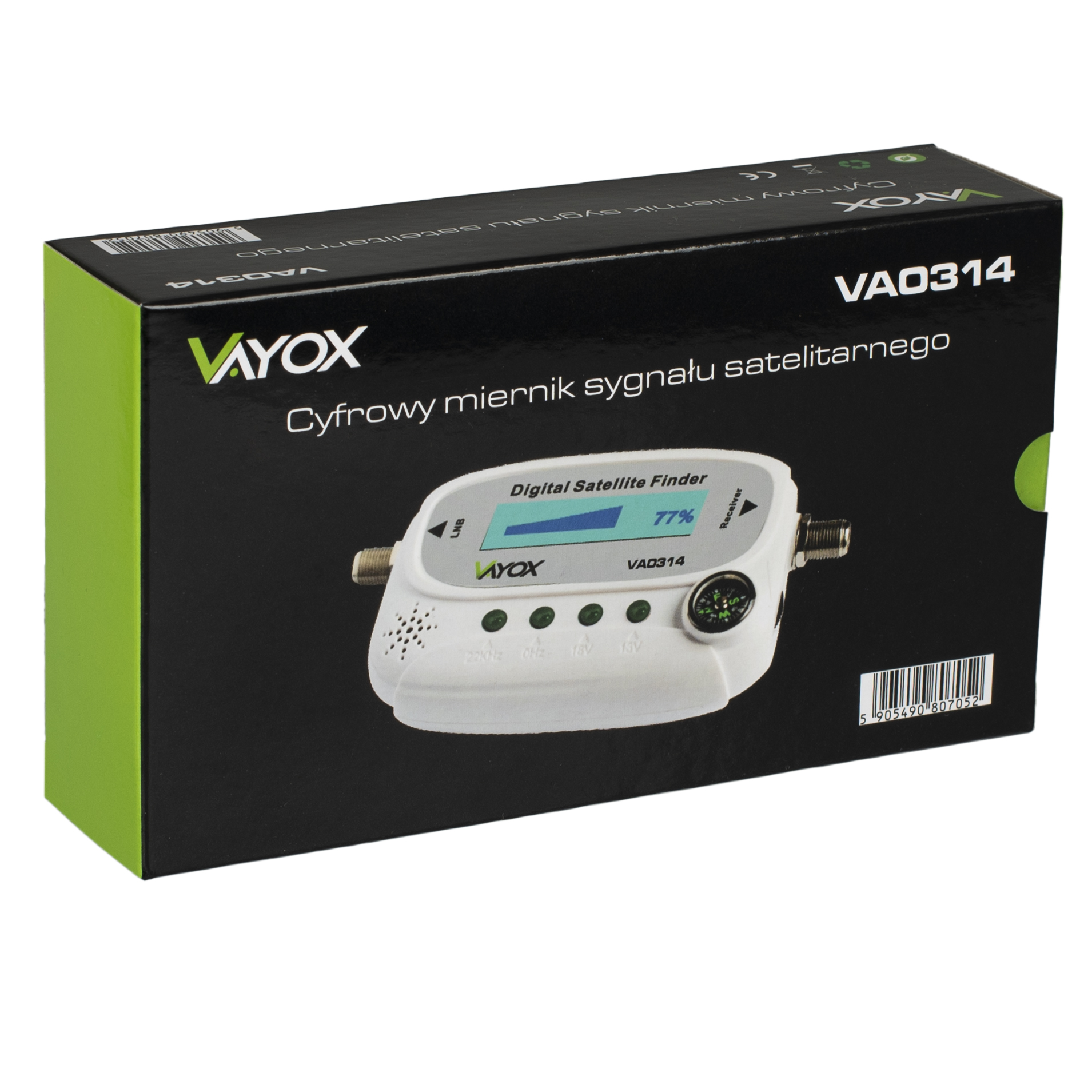 Cyfrowy miernik sygnału satelitarnego w pudełku, z wyświetlaczem pokazującym siłę sygnału.