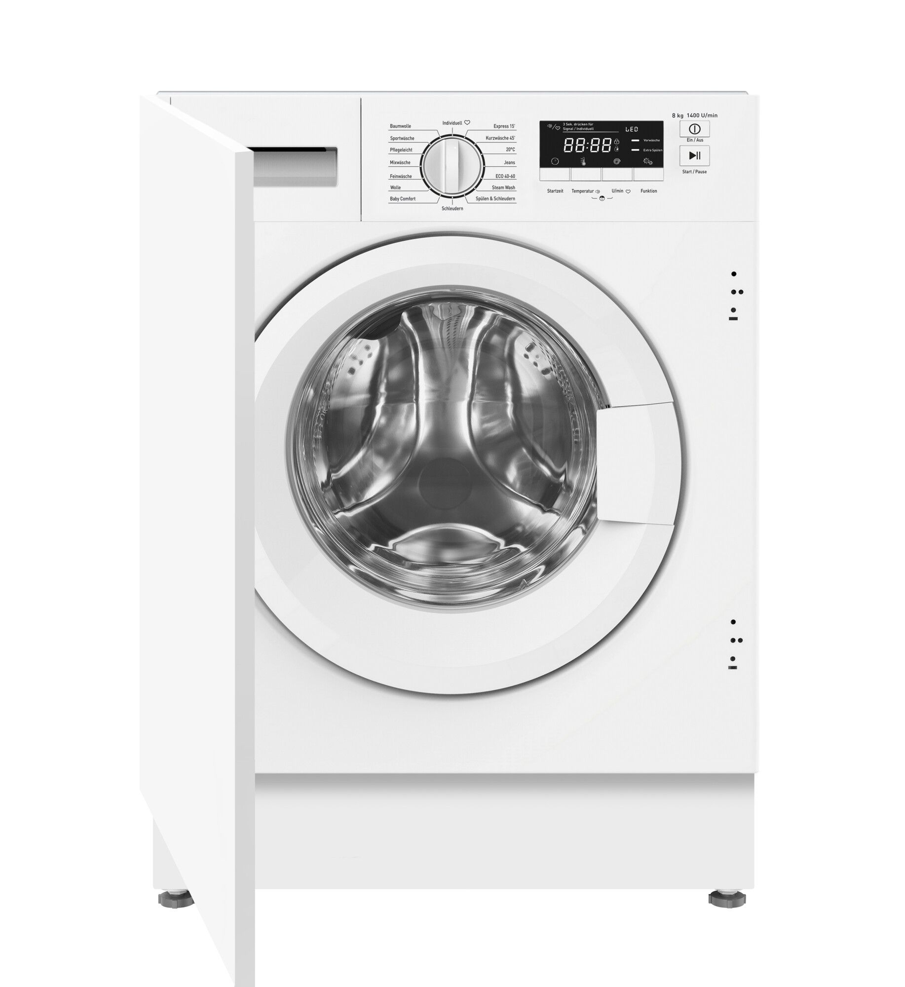 Weiße Waschmaschine mit offener Tür. Bedienelemente oben sichtbar. Schwarze Trommel innen.