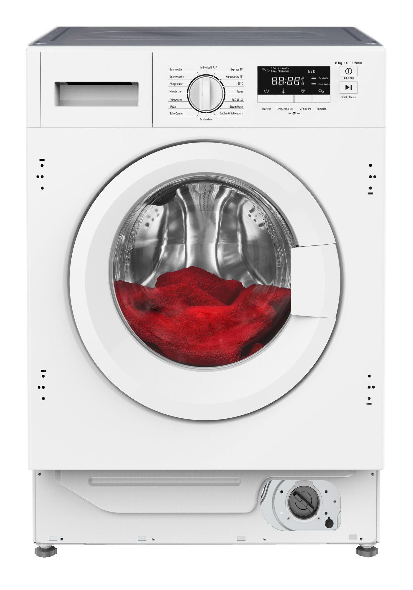 Weiße Waschmaschine mit roter Kleidung innen. Tür geschlossen, Bedienelemente oben.
