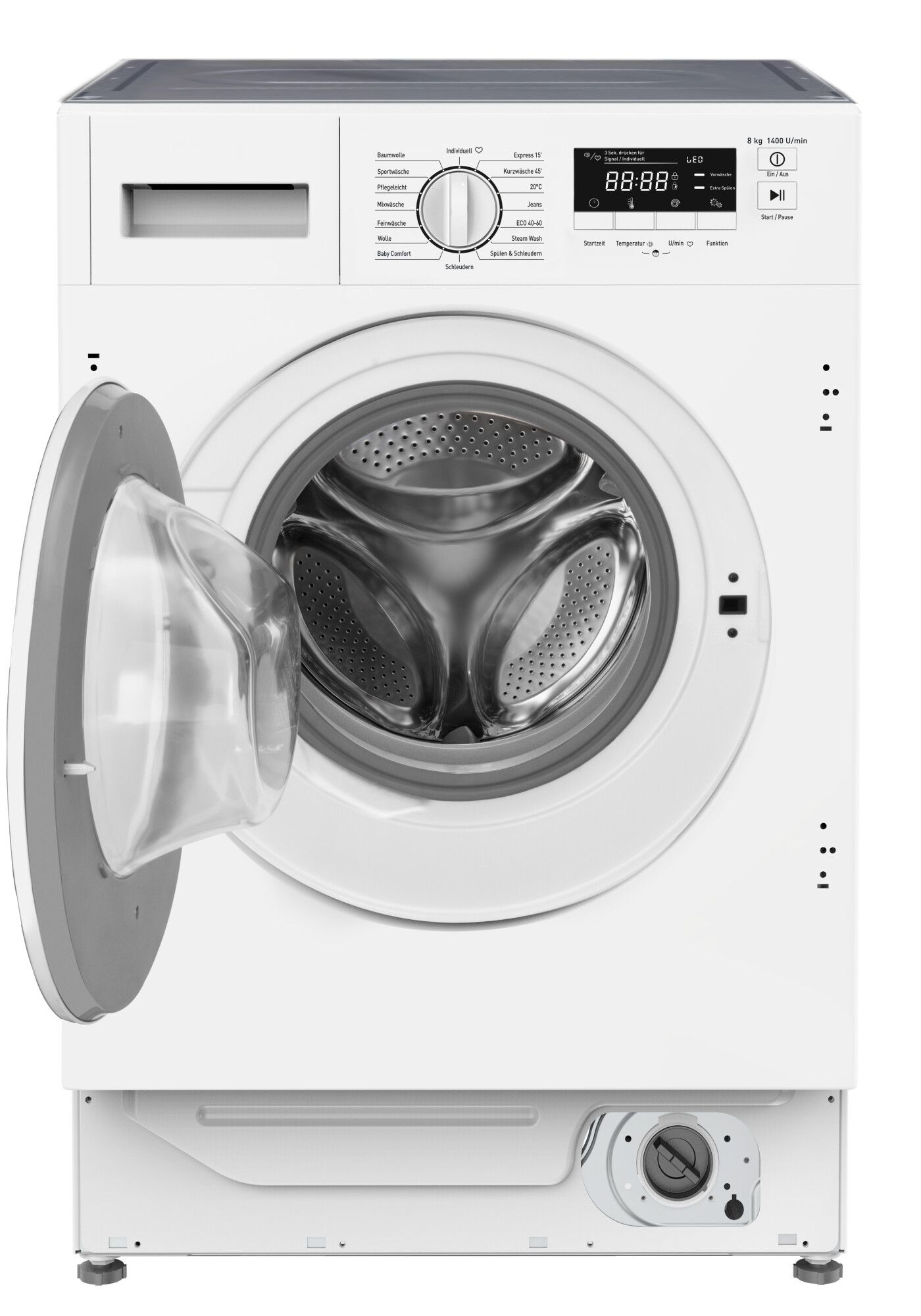 Eine weiße Hoover-Waschmaschine. Sie hat eine gewölbte Front und ein Bedienfeld mit Digitalanzeige.