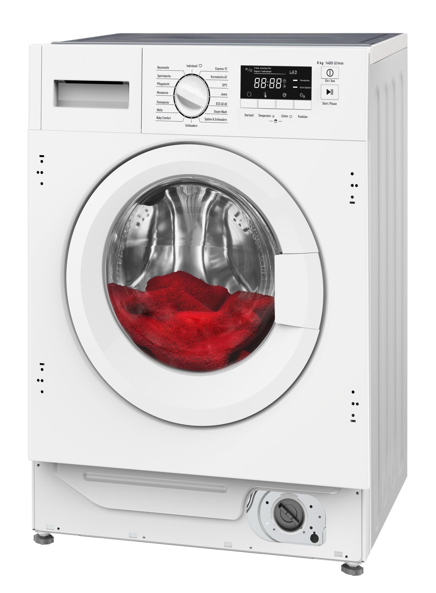 Weiße Waschmaschine mit roter Kleidung. Sie hat ein digitales Display und ein Bedienfeld.
