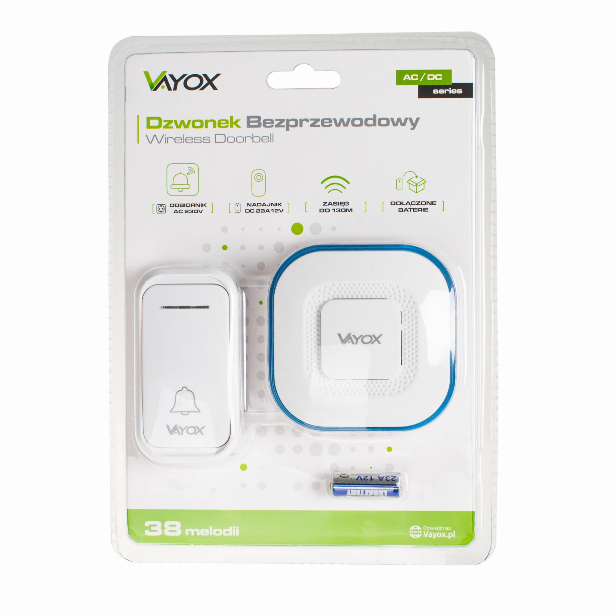 Zestaw bezprzewodowego dzwonka do drzwi w opakowaniu. Zawiera przycisk i odbiornik.