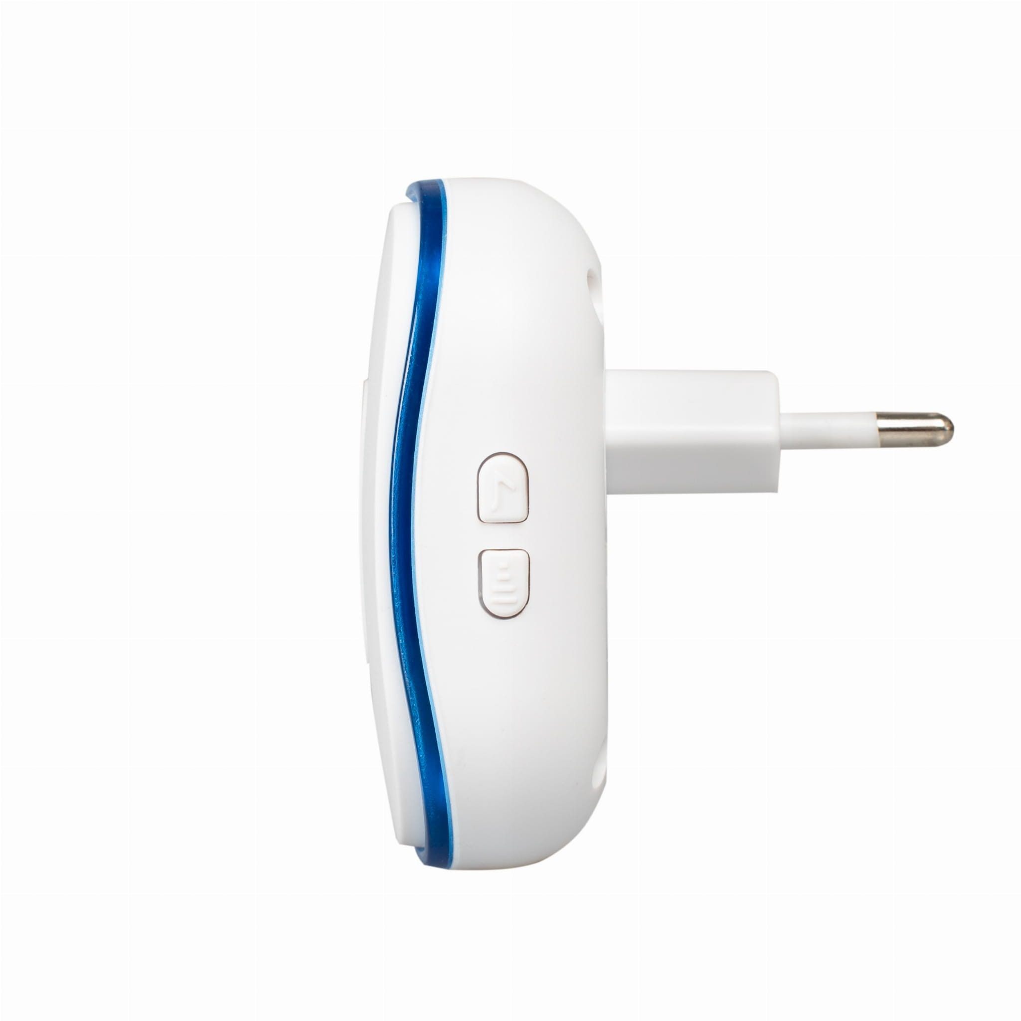 Widok z boku białego dzwonka z wtyczką i przyciskami, niebieska obwódka. Marka Vayox.