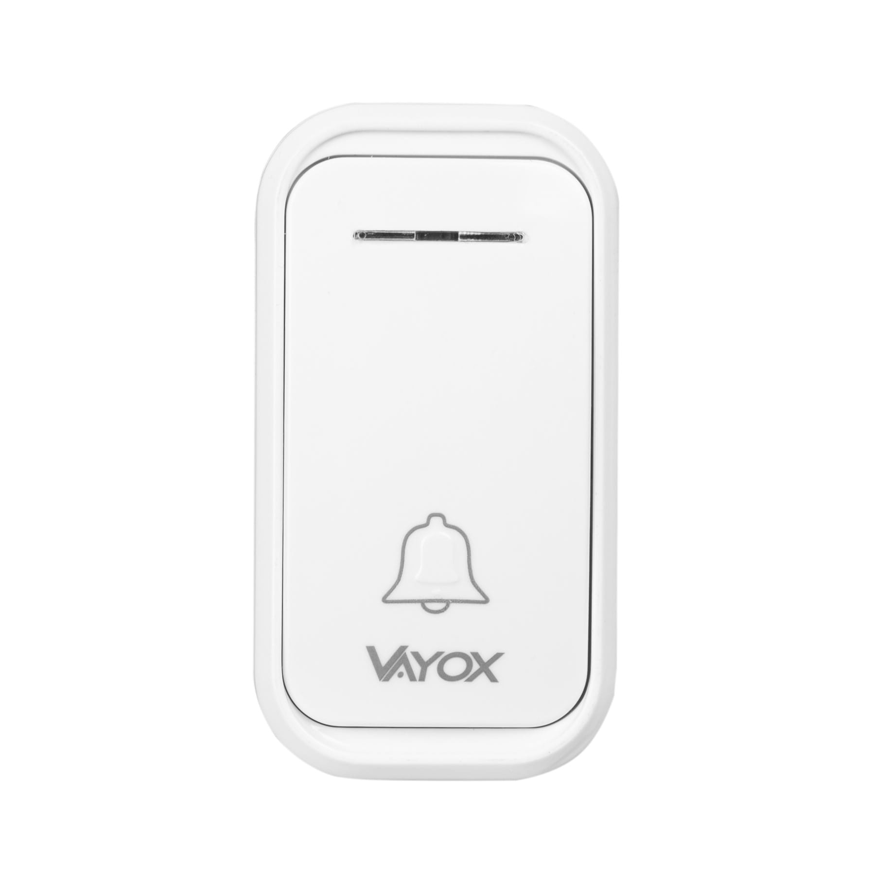 Biały dzwonek do drzwi Voyox, prostokątne urządzenie z ikoną dzwonka i nazwą marki.