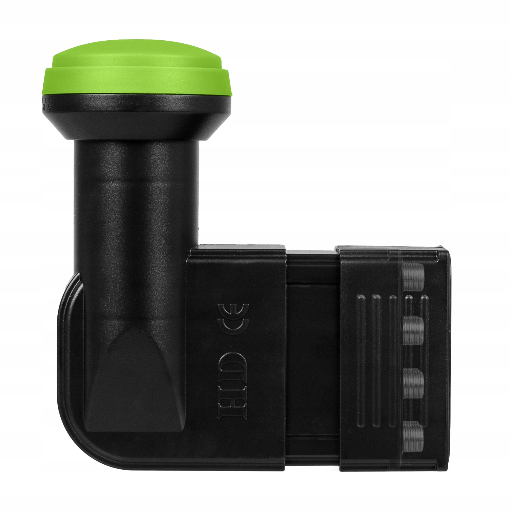 Czarny konwerter LNB z zieloną nasadką. Ma czarną, prostokątną część łączącą.