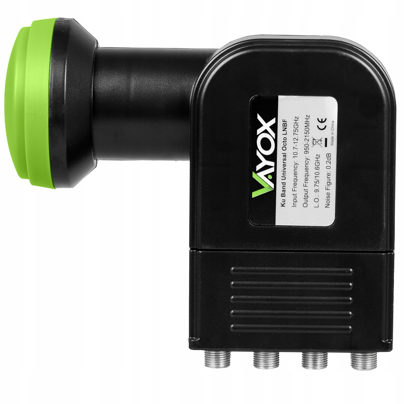 Czarny odbiornik satelitarny z zieloną pokrywą i logo Vayox.