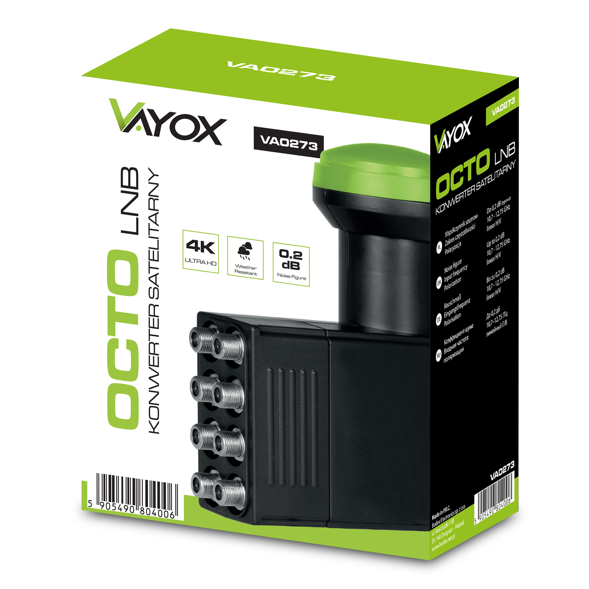 Pudełko z konwerterem LNB. Pudełko jest biało-zielone ze szczegółami urządzenia.