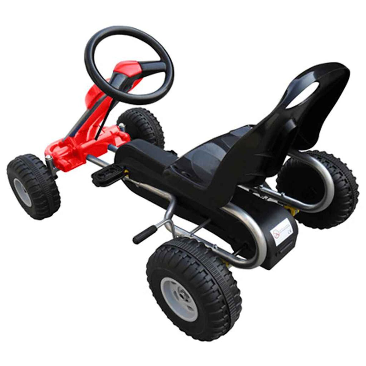 Go-kart rosso e nero su sfondo bianco. Il kart ha un volante.