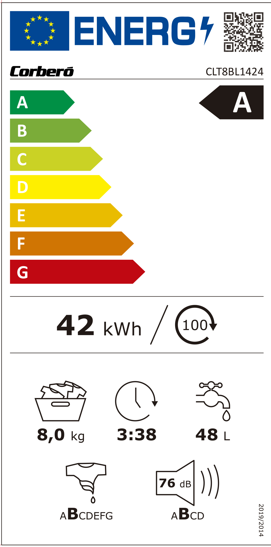Etiqueta energética para una lavadora Corberó, que muestra la eficiencia energética y otros datos.