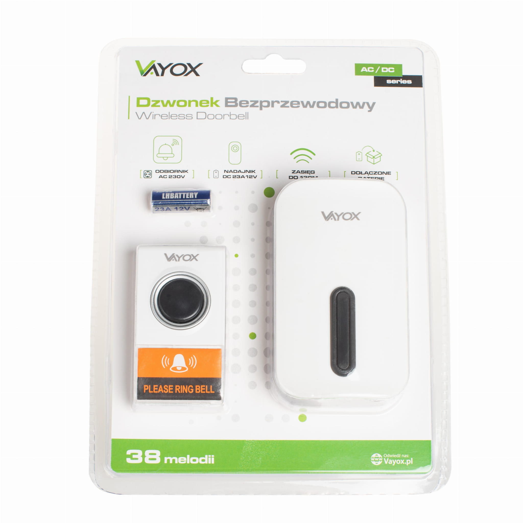 Zestaw dzwonka bezprzewodowego, z nadajnikiem, odbiornikiem i baterią, na blistrze.