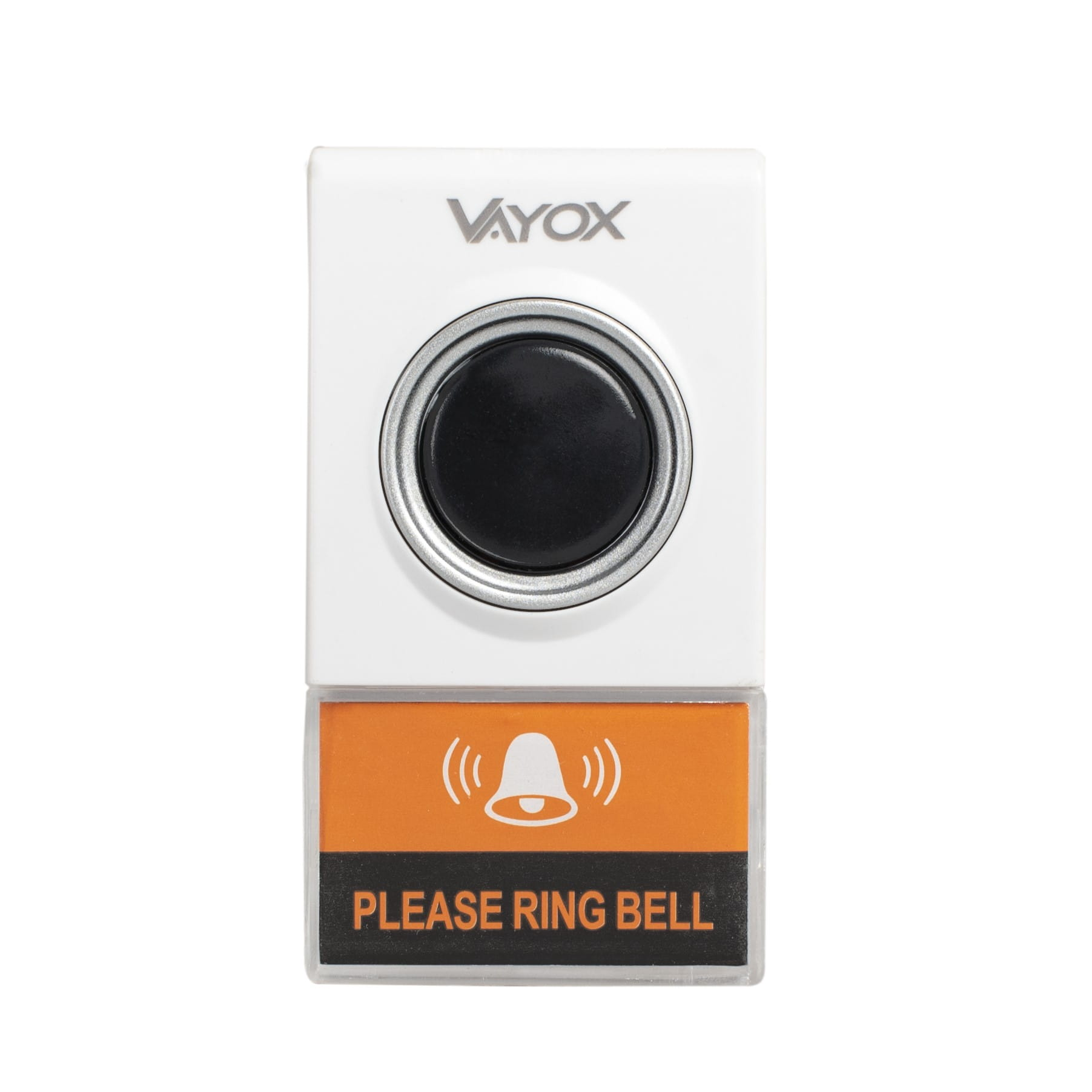 Biały dzwonek do drzwi z czarnym przyciskiem i pomarańczową tabliczką z napisem 'PLEASE RING BELL'.
