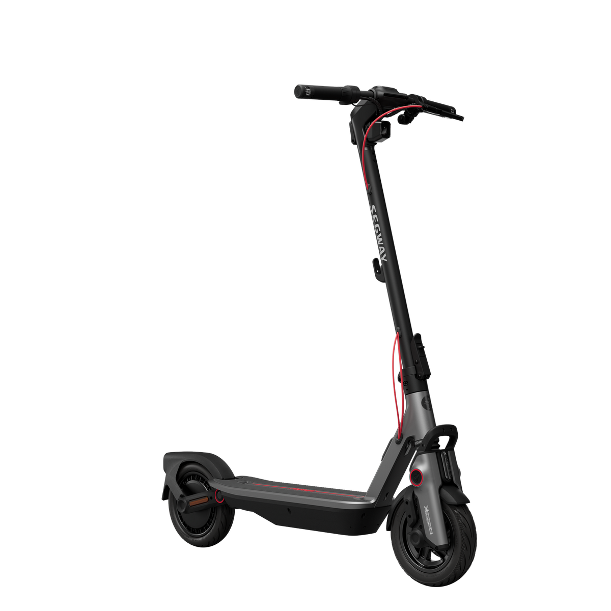Segway-Roller, schwarz und grau mit roten Akzenten. Leicht nach links geneigt.