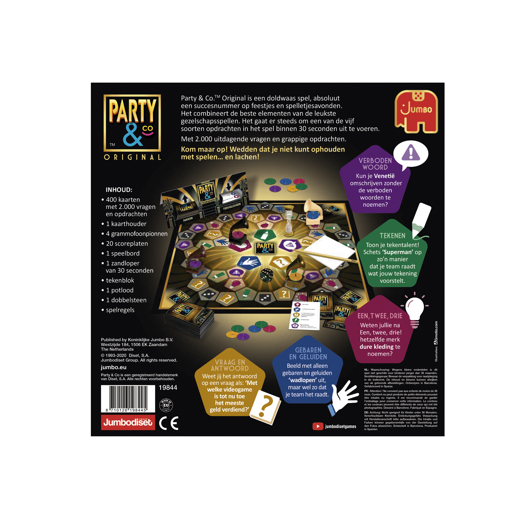 Party & Co Brettspiel-Box, mit Spielbrett, Karten und Komponenten sichtbar.