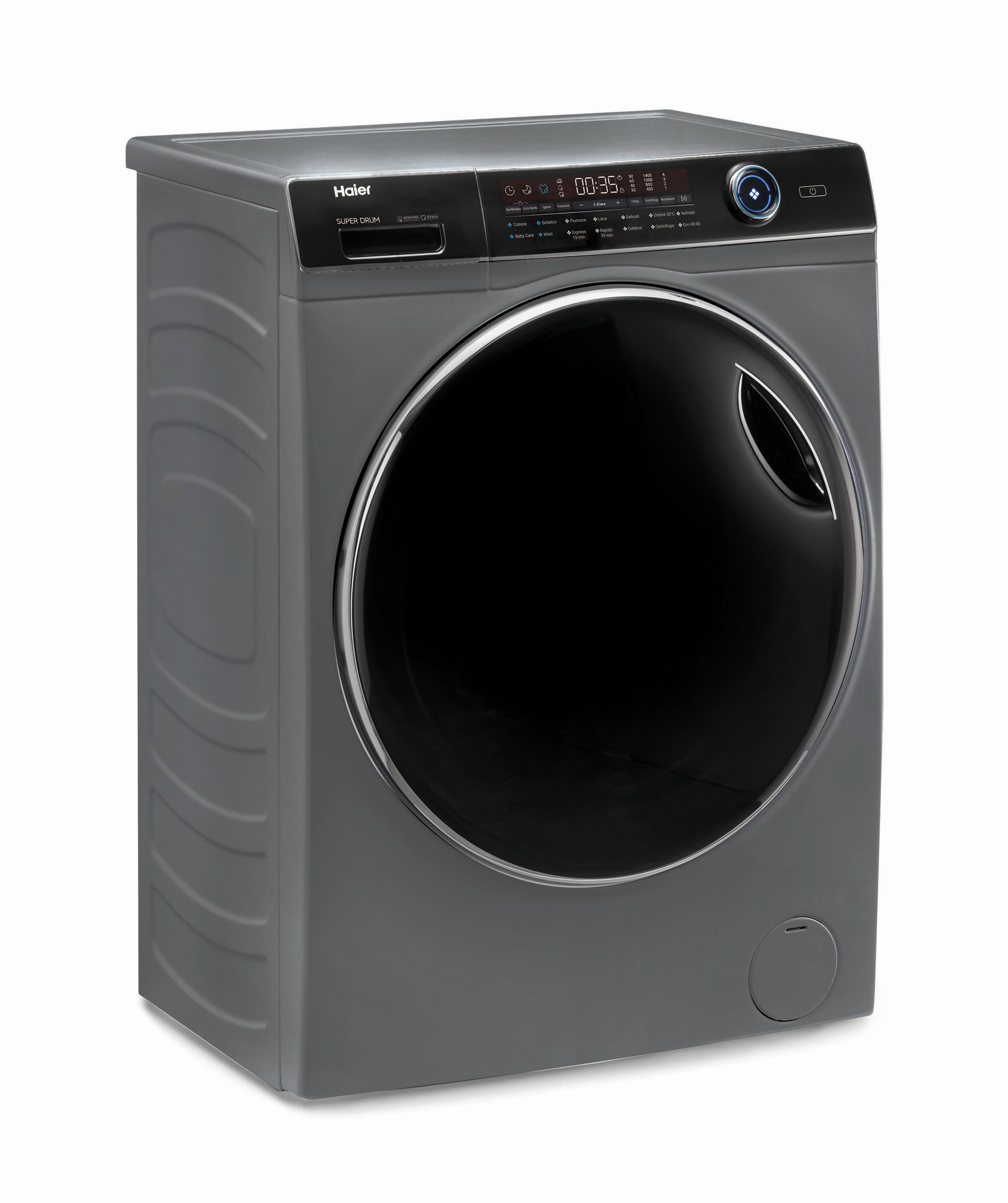 Lavatrice Haier Super Drum grigio scuro, vista angolata, con grande porta nera e display digitale.