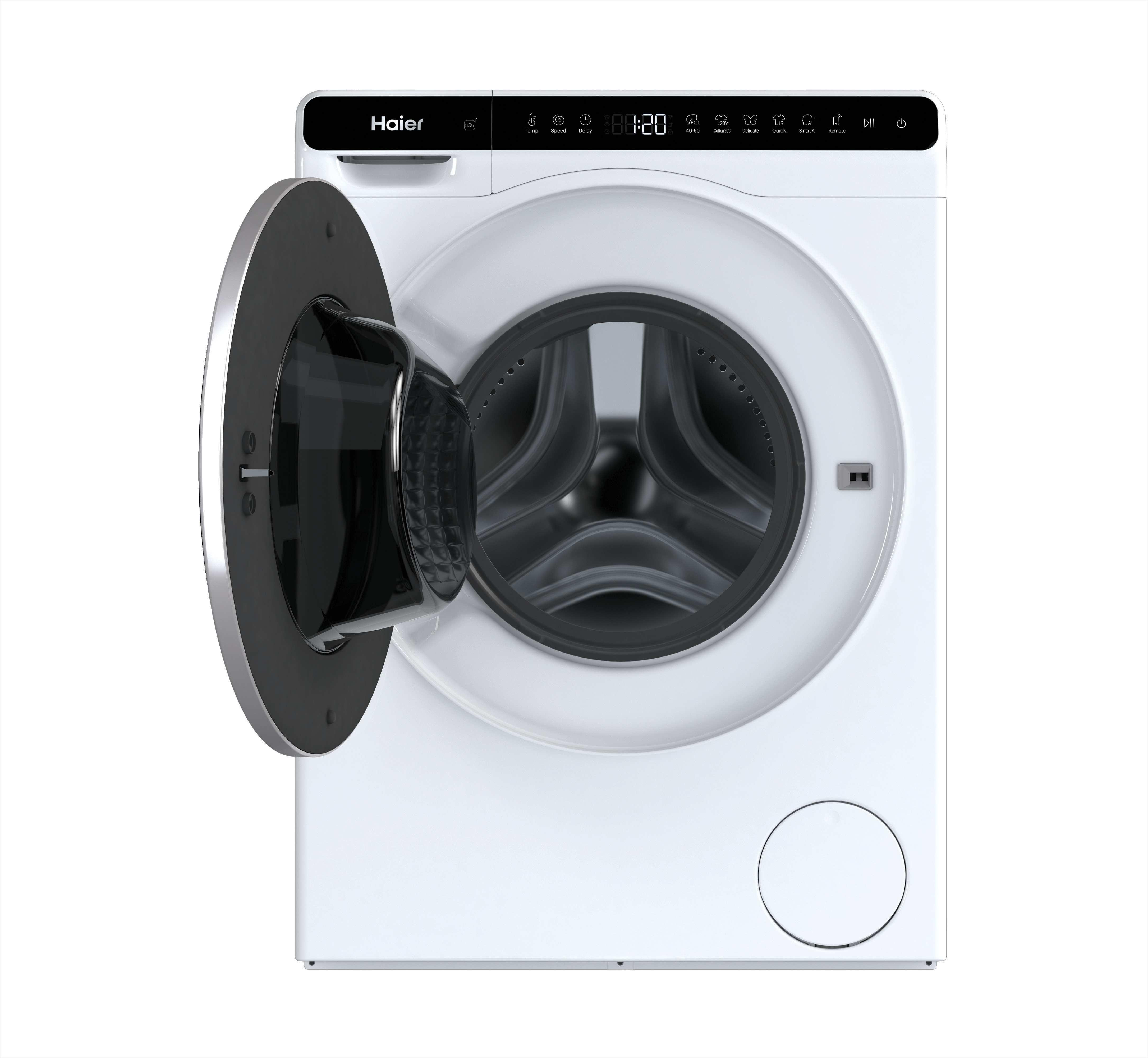 Lavatrice Haier bianca con porta nera aperta, mostra il cestello. Sfondo bianco.