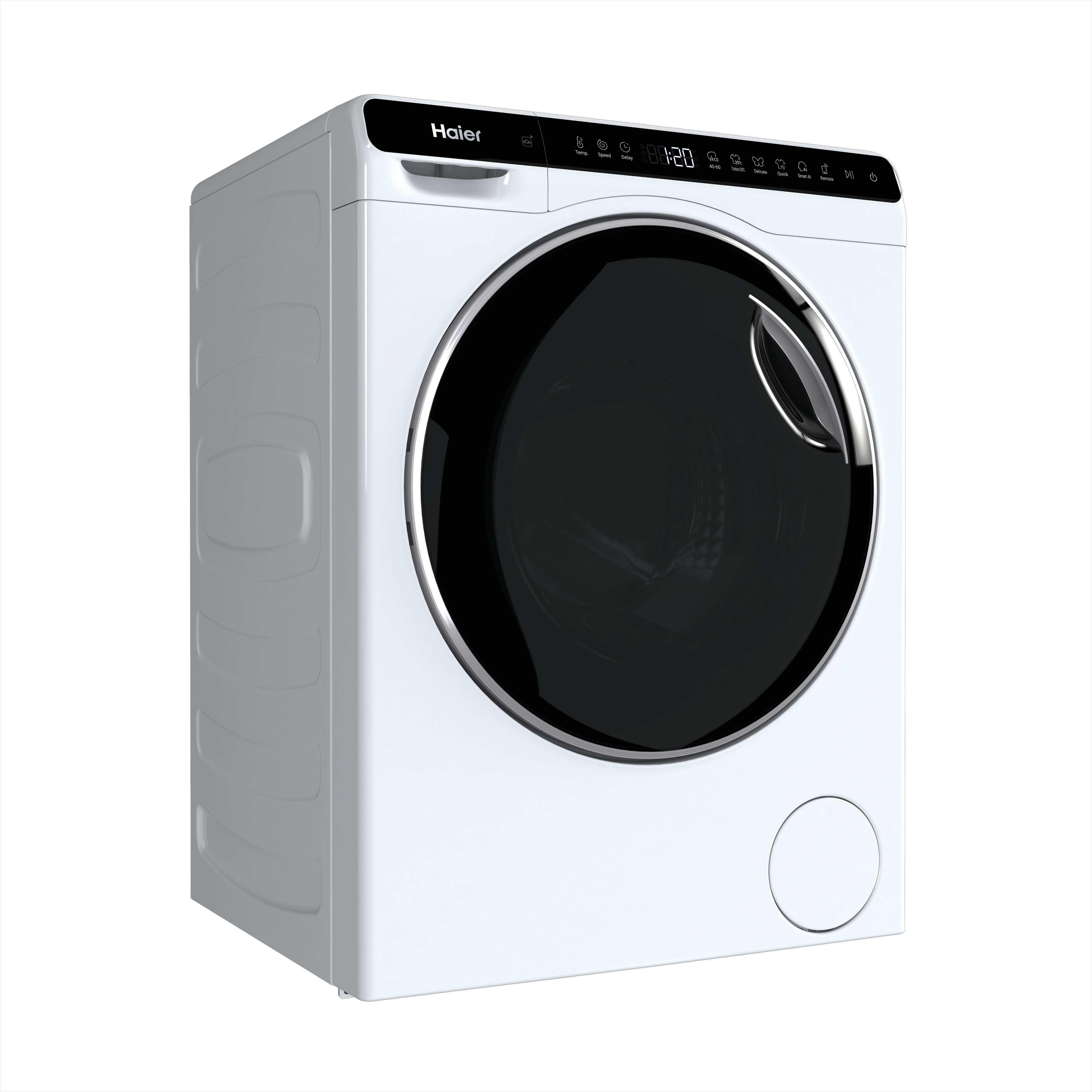 Lavatrice Haier bianca, vista tre quarti, isolata su sfondo bianco.