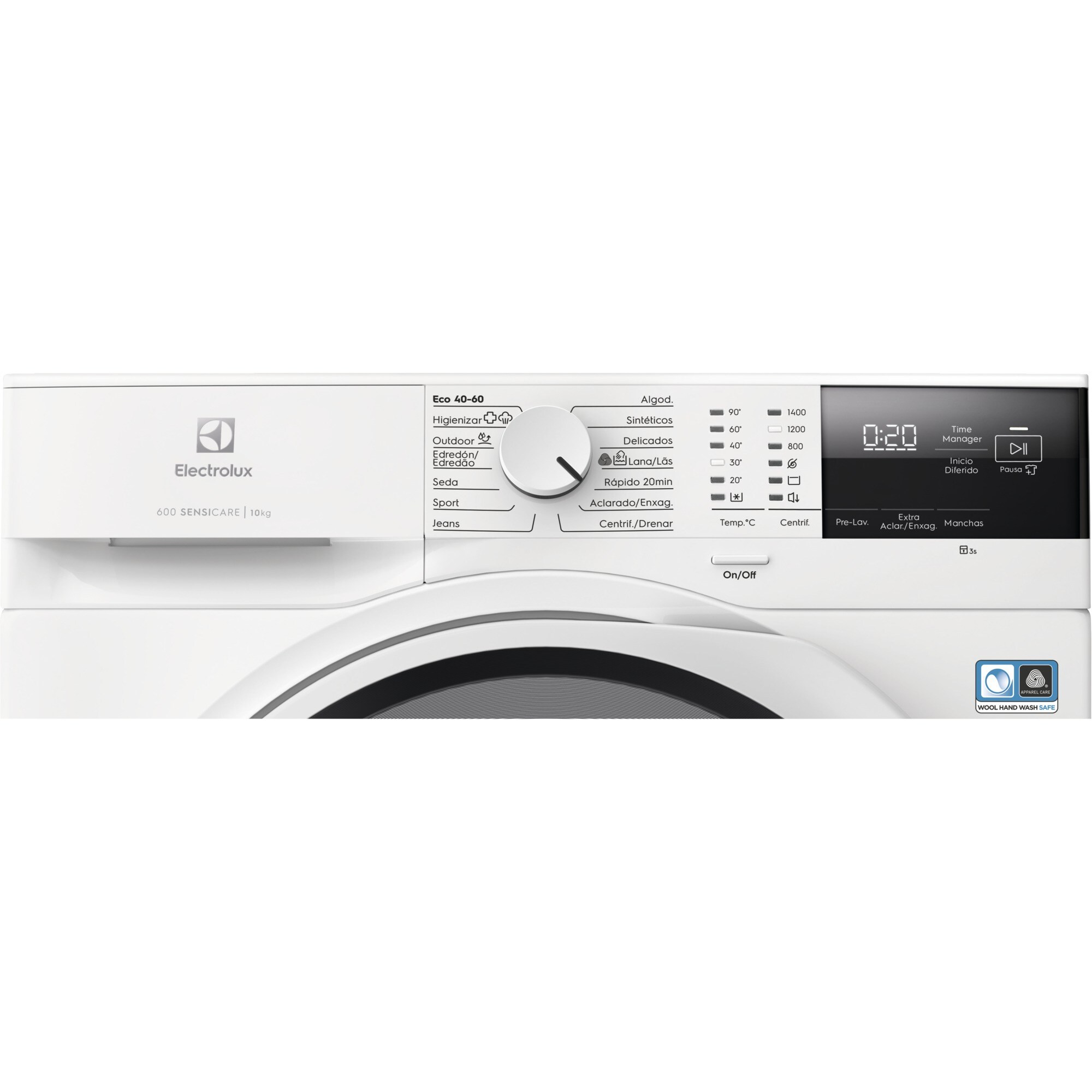Una lavatrice Electrolux bianca. Il pannello di controllo è in alto, con un quadrante e un display digitale.