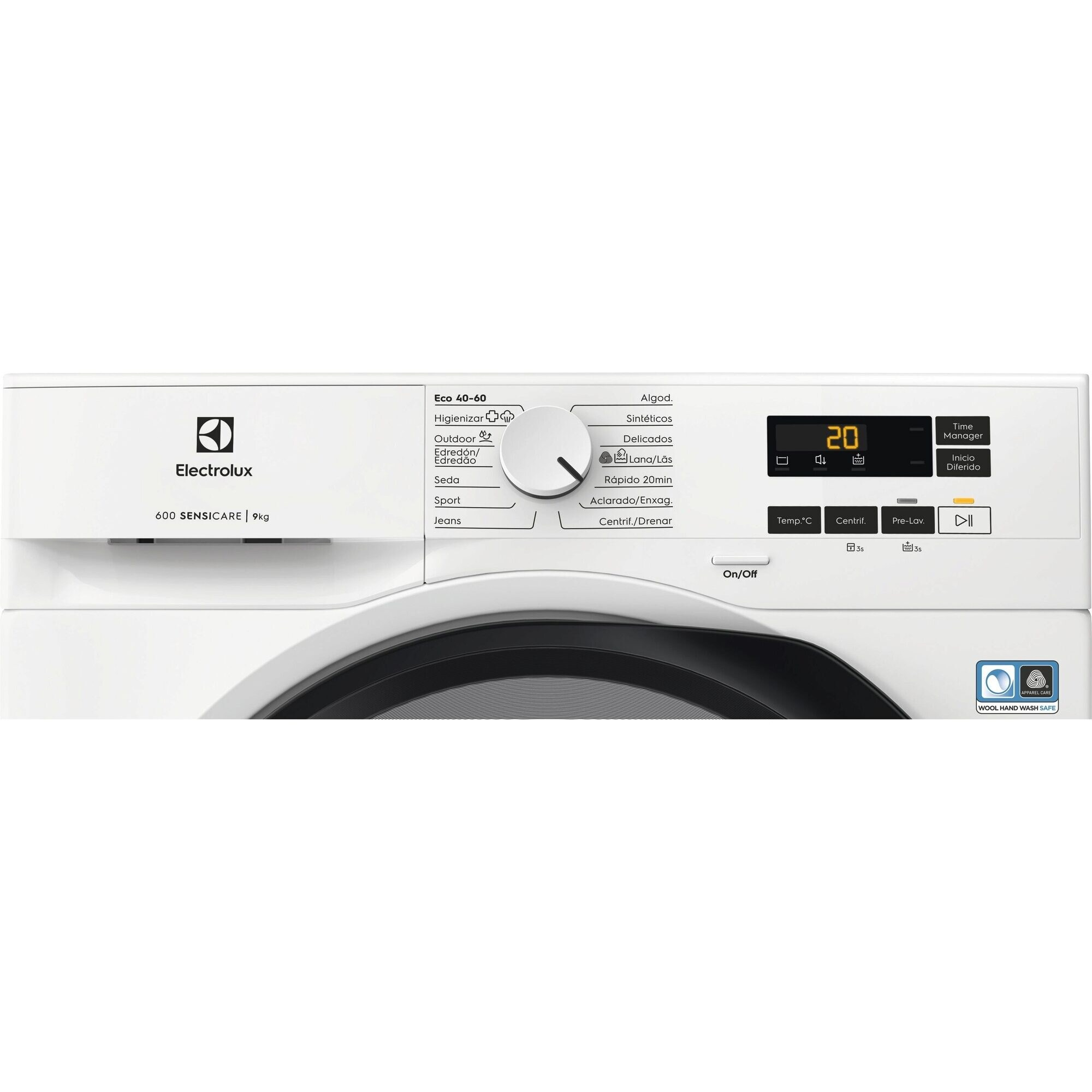 Primo piano del pannello di controllo di una lavatrice Electrolux bianca, che mostra i programmi di lavaggio.