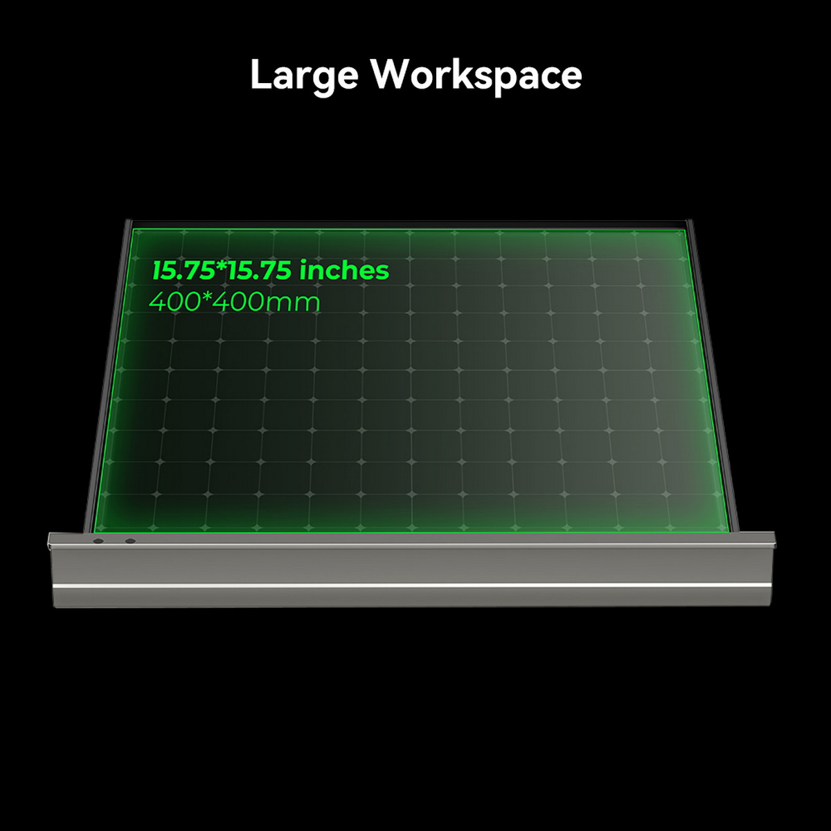 Pokazano obszar roboczy grawerki laserowej. Jest to prostokątny obszar z zielonymi liniami siatki do wyrównywania.