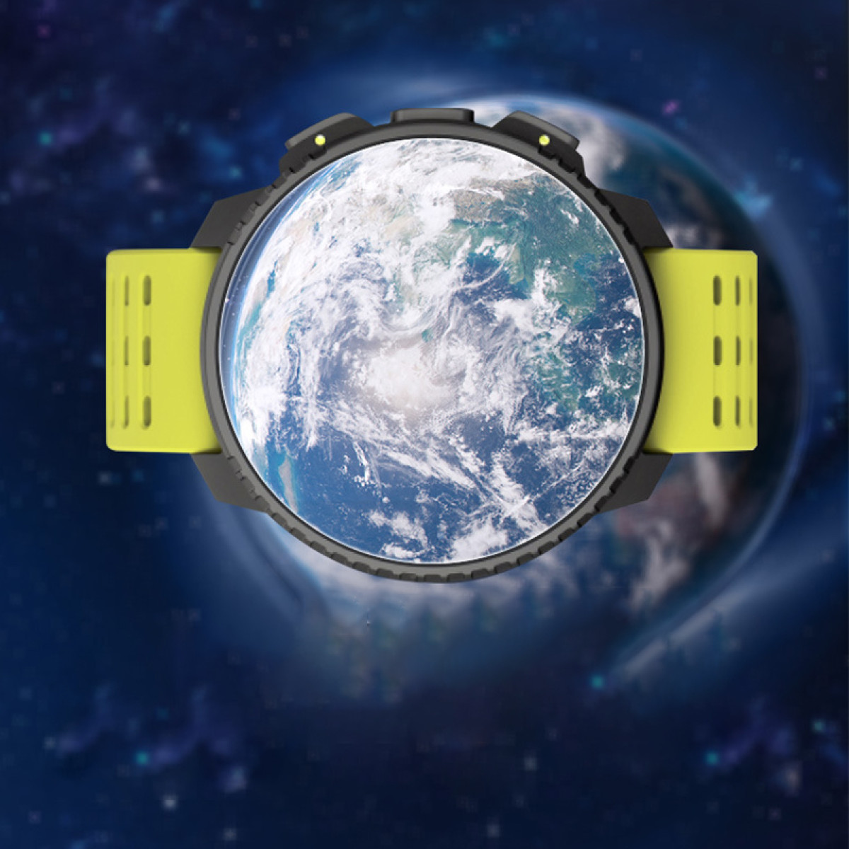 Smartwatch pokazujący Ziemię. Żółty pasek. Czarna obudowa. Ciemnoniebieskie tło.