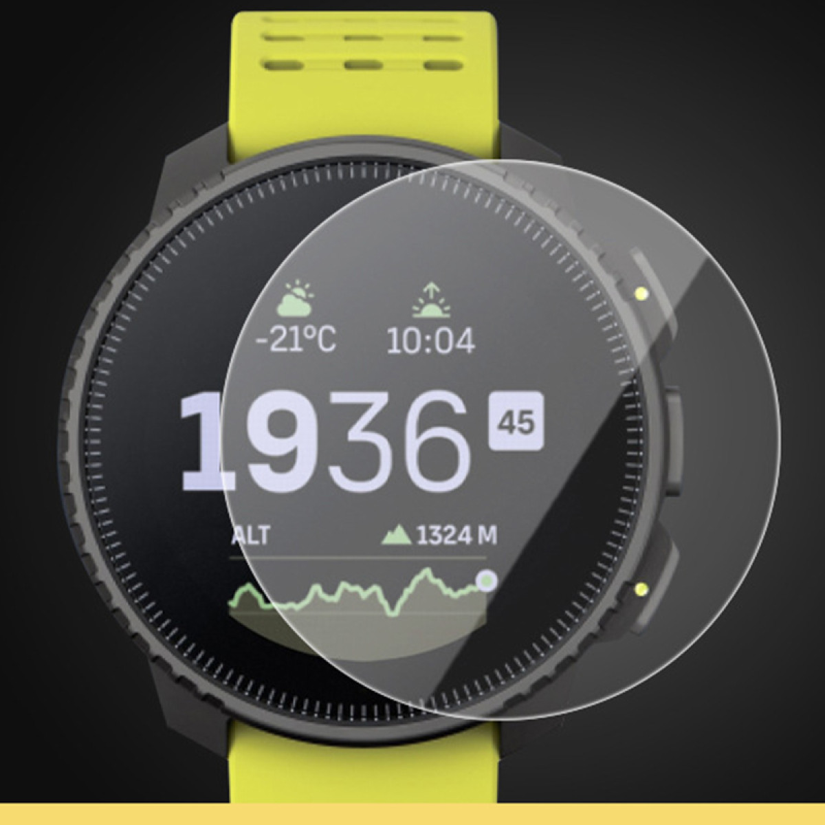 Smartwatch z ochraniaczem ekranu na tarczy, pokazujący czas, temperaturę, wysokość i wykres.