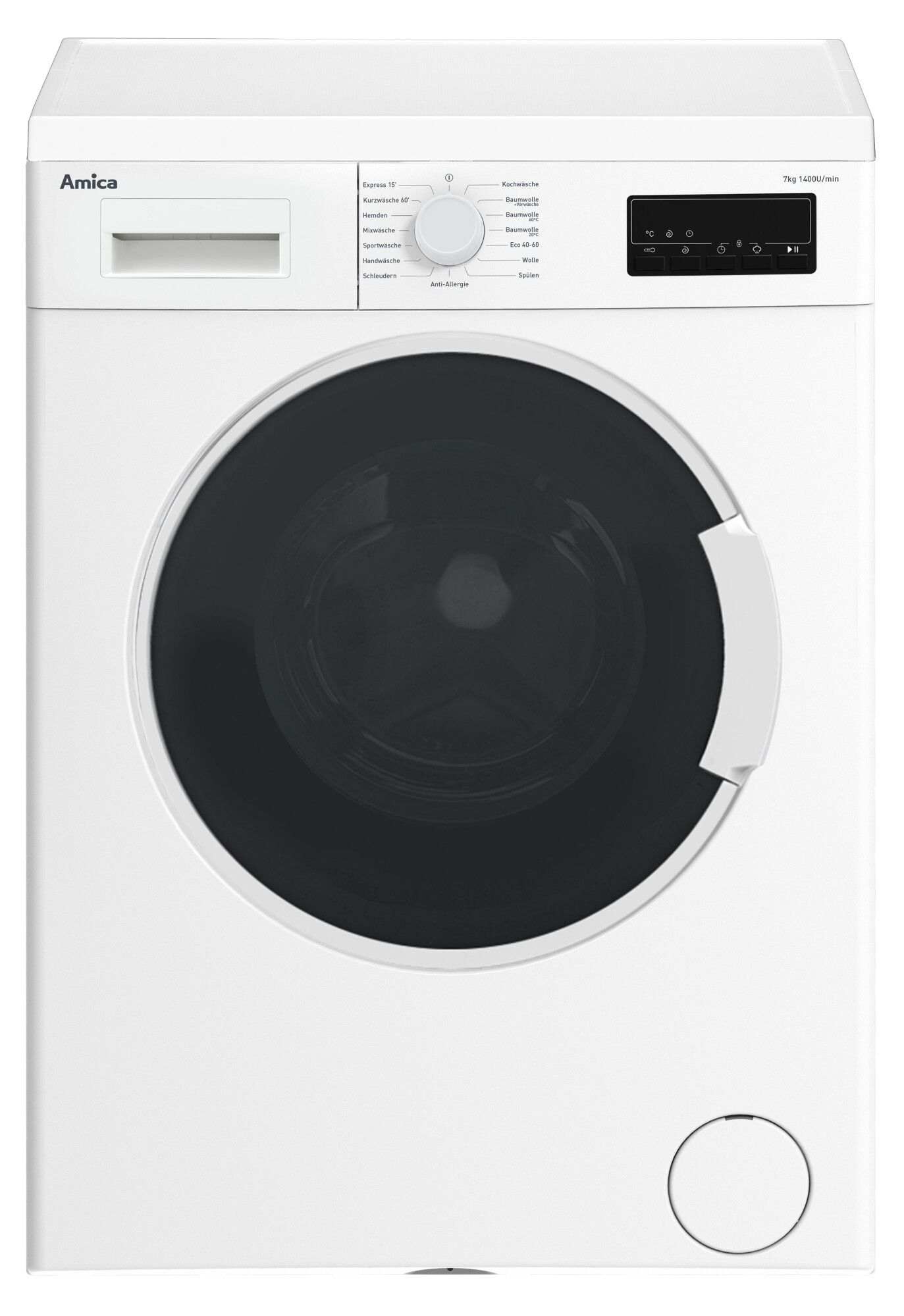 Eine weiße Waschmaschine in einem Holzschrank mit Maßen.