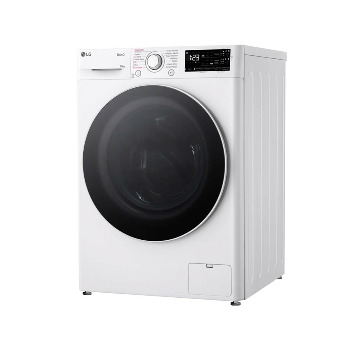 Lavadora LG blanca de carga frontal. Puerta, panel y pantalla negros. Cuerpo blanco. Vista en ángulo.
