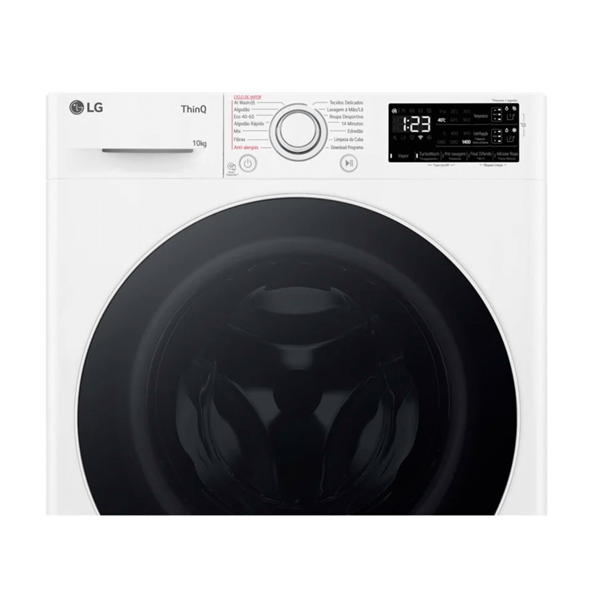 Lavadora LG blanca con puerta negra y panel de control superior.