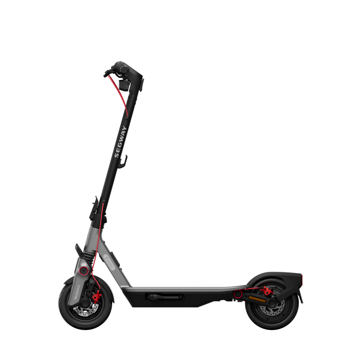 Patinete eléctrico Segway gris con cable y detalles rojos. Ruedas negras y plataforma negra.