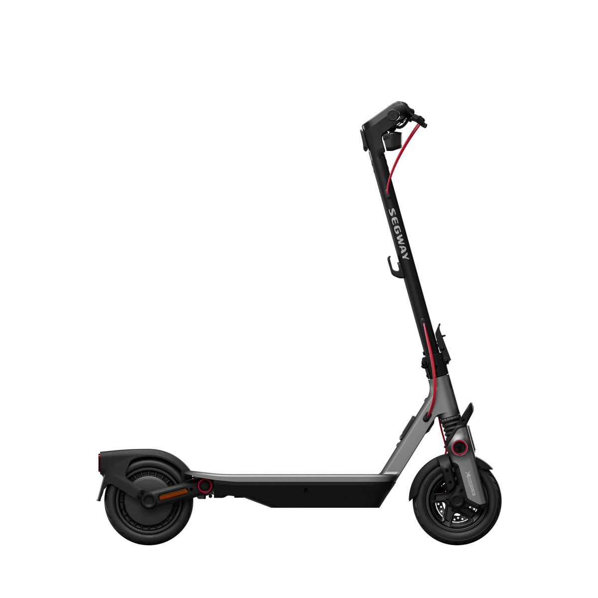 Patinete eléctrico Segway, negro y plateado, con detalles rojos, sobre fondo negro.